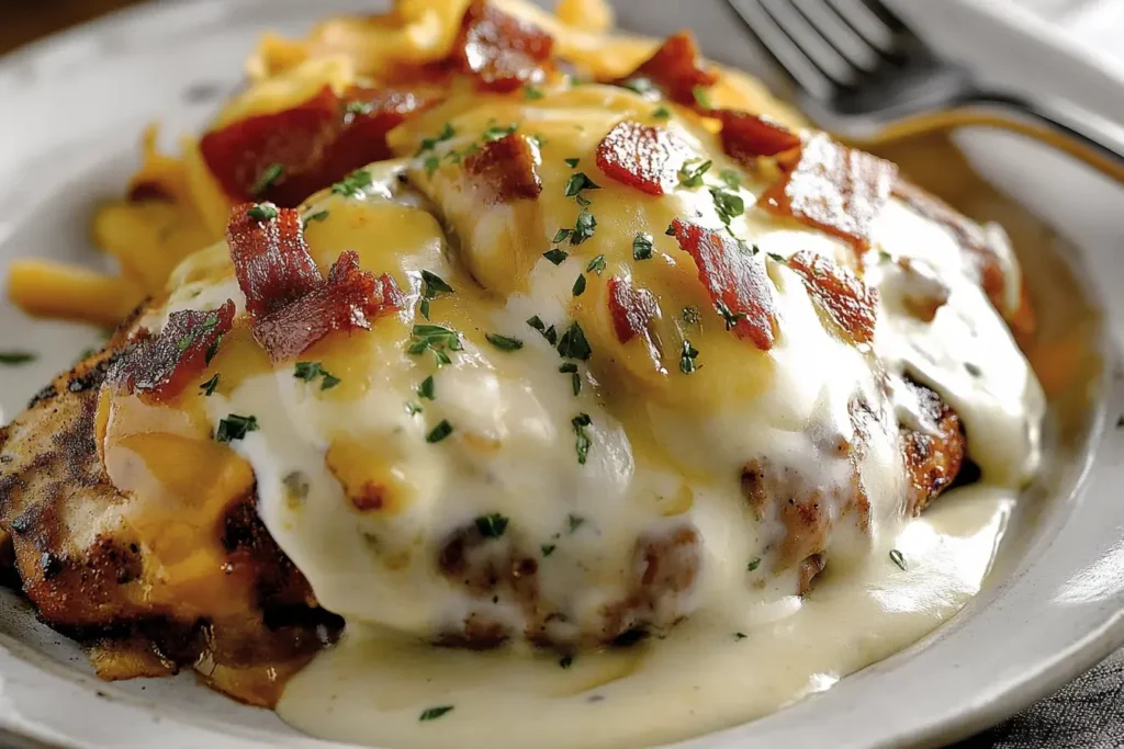 Juicy Outback Steakhouse Alice Springs Chicken smothered in melted cheese, crispy bacon, and creamy honey mustard sauce on a white plate.