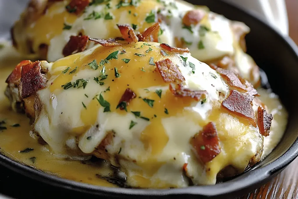 Cheesy baked Outback Steakhouse Alice Springs Chicken topped with crispy bacon and parsley in a cast iron skillet.