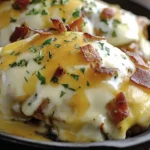 Cheesy baked Outback Steakhouse Alice Springs Chicken topped with crispy bacon and parsley in a cast iron skillet.