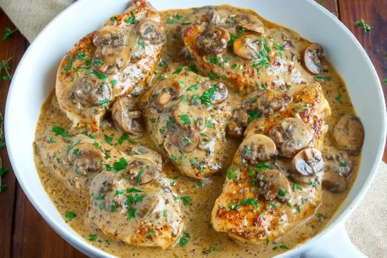 Creamy Mushroom Asiago Chicken cooked in a skillet with mushrooms, asiago cheese, and fresh herbs