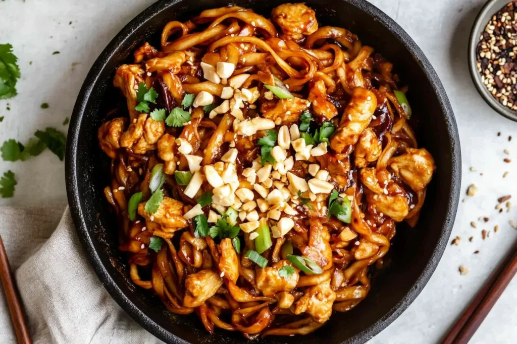 Kung Pao Chicken Noodles topped with crushed peanuts and green onions in a black bowl