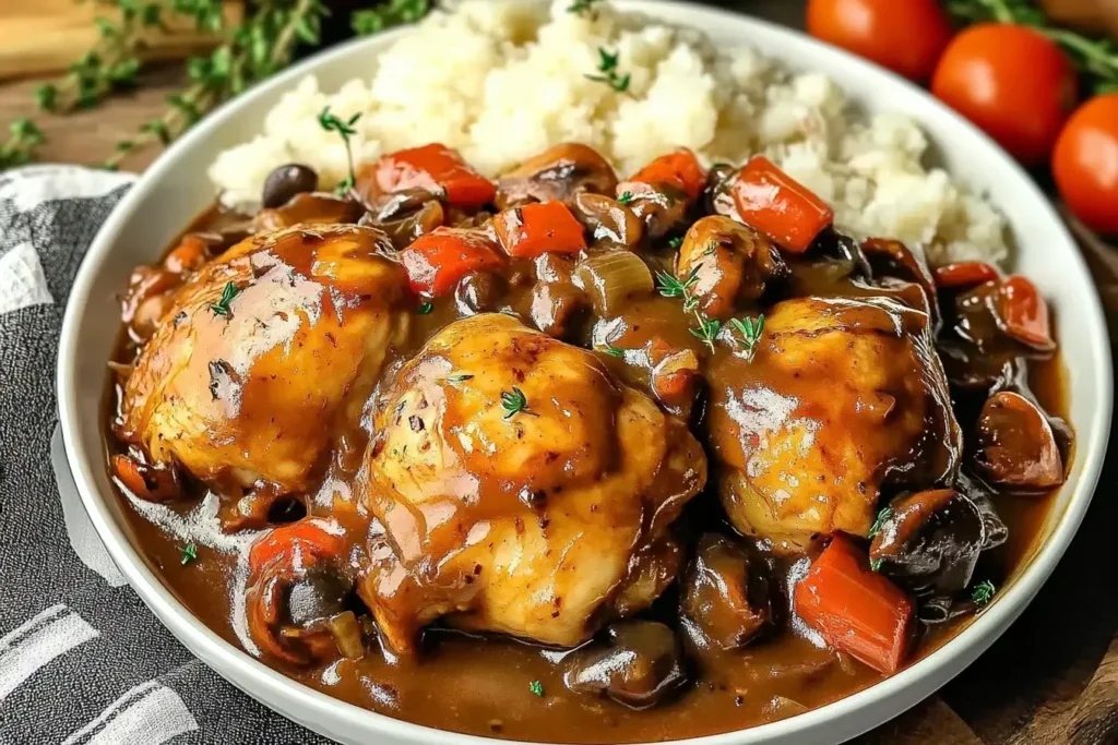 Tender chicken thighs simmered in a rich mushroom and tomato sauce – classic Chicken Chasseur served with creamy mashed potatoes.