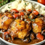 Tender chicken thighs simmered in a rich mushroom and tomato sauce – classic Chicken Chasseur served with creamy mashed potatoes.