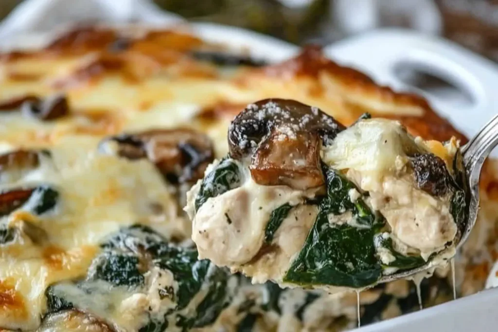 Chicken Spinach and Mushroom Low-Carb Casserole with melted cheese and sautéed vegetables in a creamy sauce