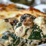Chicken Spinach and Mushroom Low-Carb Casserole with melted cheese and sautéed vegetables in a creamy sauce