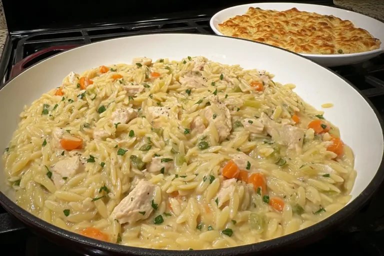 Creamy Chicken Pot Pie Orzo in a skillet with tender chicken, carrots, and a rich, creamy sauce