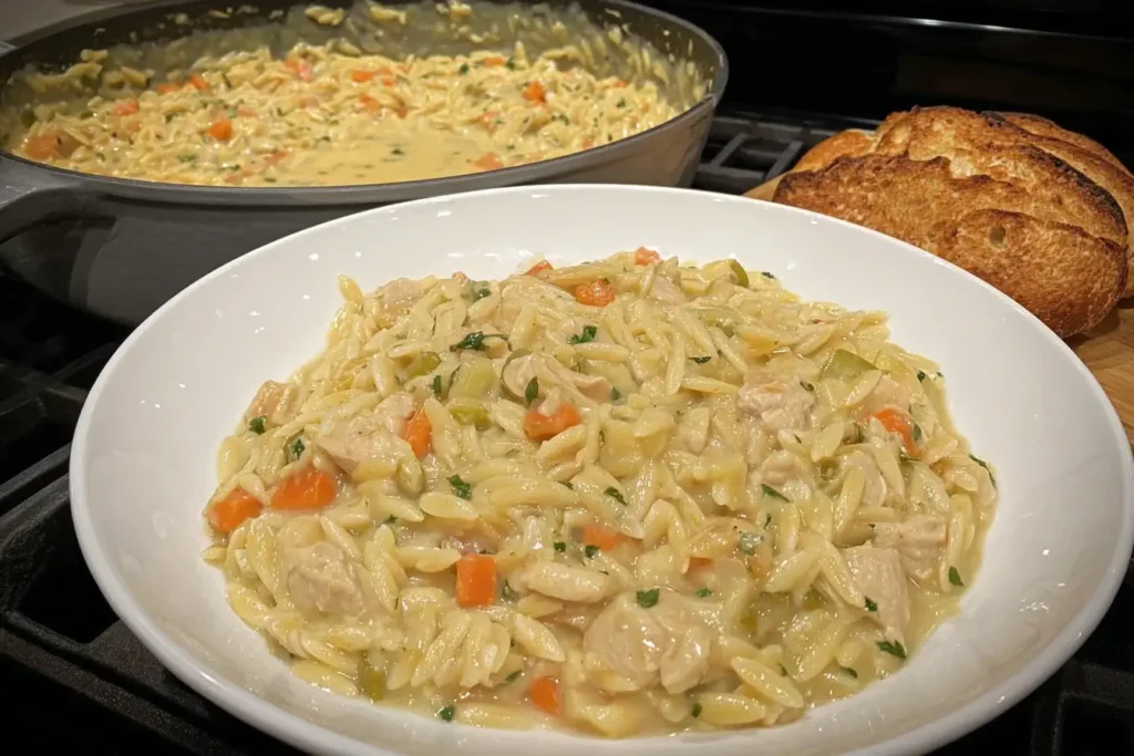 Close-up of Creamy Chicken Pot Pie Orzo served in a white bowl with crusty bread