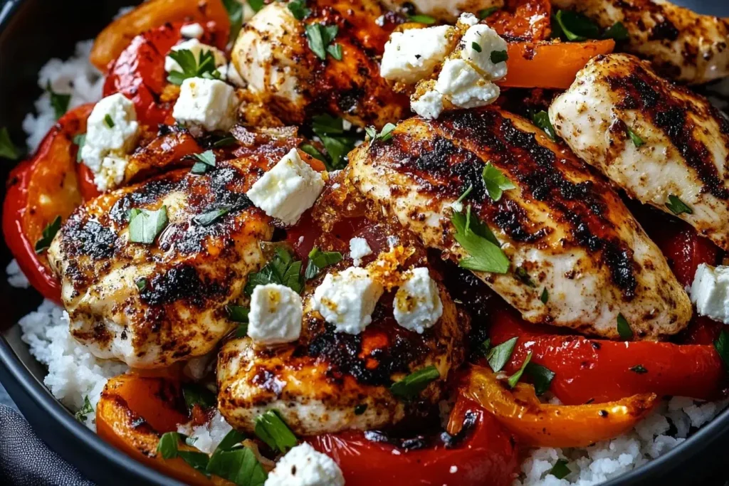 Baked Chicken with Crispy Feta and Vinaigrette served over rice with roasted peppers and fresh herbs.