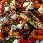 Baked Chicken with Crispy Feta and Vinaigrette served over rice with roasted peppers and fresh herbs.