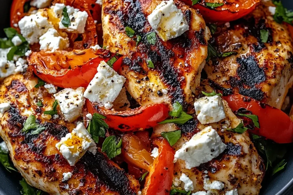 Close-up of Baked Chicken with Crispy Feta and Vinaigrette topped with roasted peppers and herbs.
