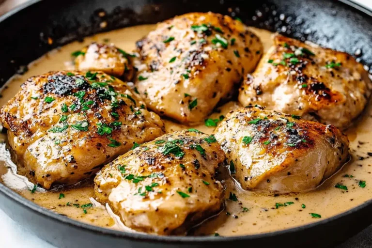 Golden seared Chicken au Poivre in a creamy pepper sauce, garnished with parsley in a black skillet.