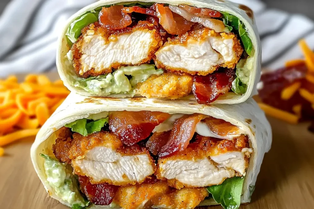 Stacked Crispy Chicken Bacon Ranch Wrap halves filled with crunchy chicken, bacon, lettuce, and creamy ranch, ready to be devoured.