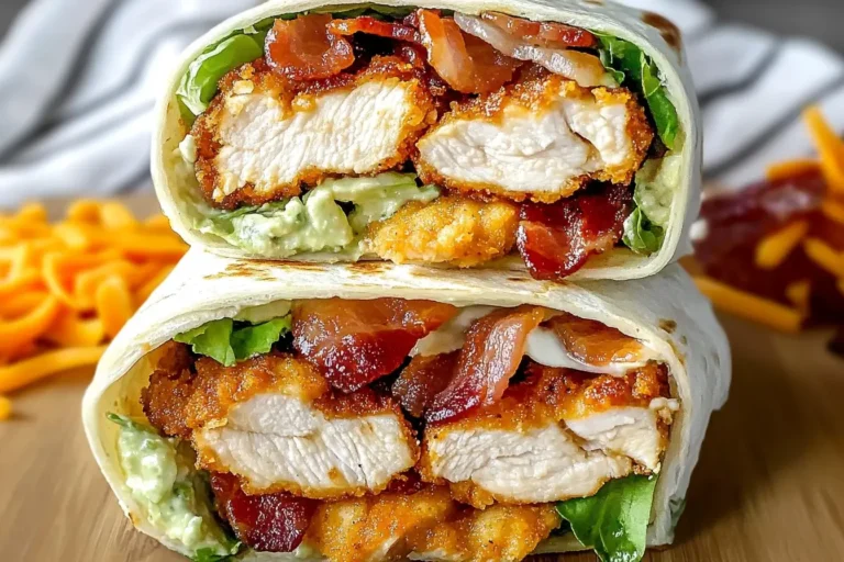 Stacked Crispy Chicken Bacon Ranch Wrap halves filled with crunchy chicken, bacon, lettuce, and creamy ranch, ready to be devoured.
