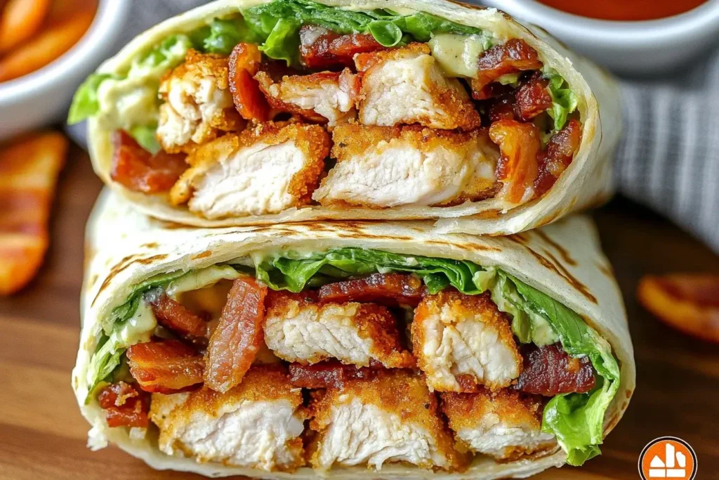 Close-up of a Crispy Chicken Bacon Ranch Wrap sliced in half, showing juicy chicken, crispy bacon, fresh lettuce, and creamy ranch in a grilled tortilla.