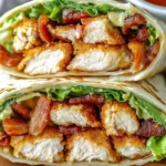 Close-up of a Crispy Chicken Bacon Ranch Wrap sliced in half, showing juicy chicken, crispy bacon, fresh lettuce, and creamy ranch in a grilled tortilla.