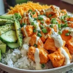 Buffalo Chicken Bowls with creamy ranch, avocado, and rice served in a white bowl