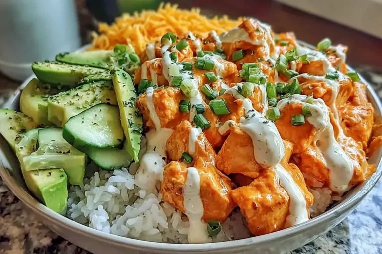 Buffalo Chicken Bowls with creamy ranch, avocado, and rice served in a white bowl