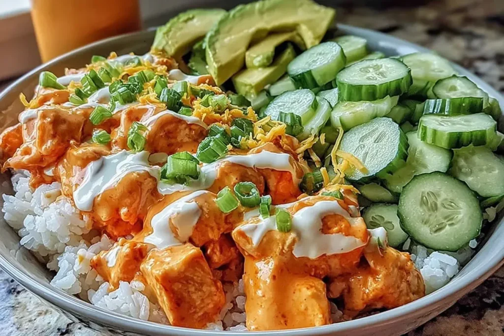 Buffalo Chicken Bowls with creamy sauce, cucumbers, avocado, and rice in a white bowl