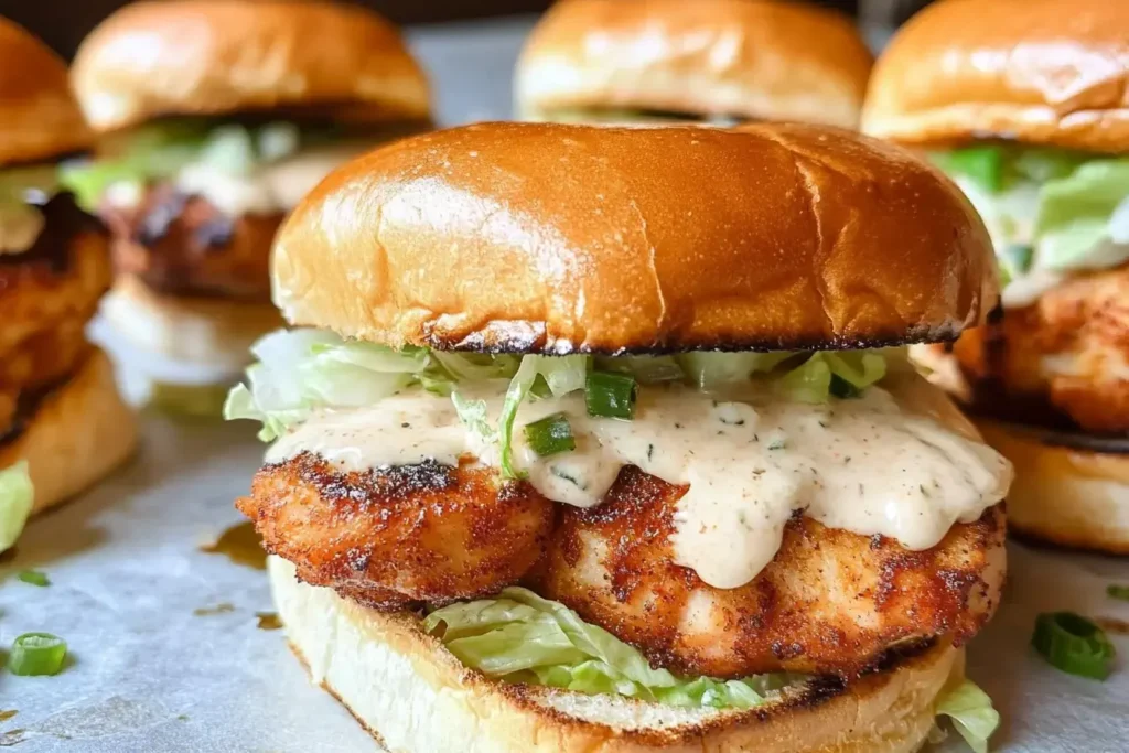 Close-up of Alabama White Blackened Chicken Sliders with creamy sauce, shredded lettuce, and grilled buns.