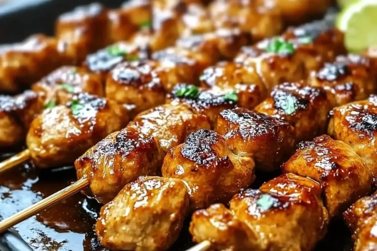 Close-up of grilled Chicken Satay with Thai Peanut Sauce skewers, glistening with caramelized glaze and garnished with herbs.