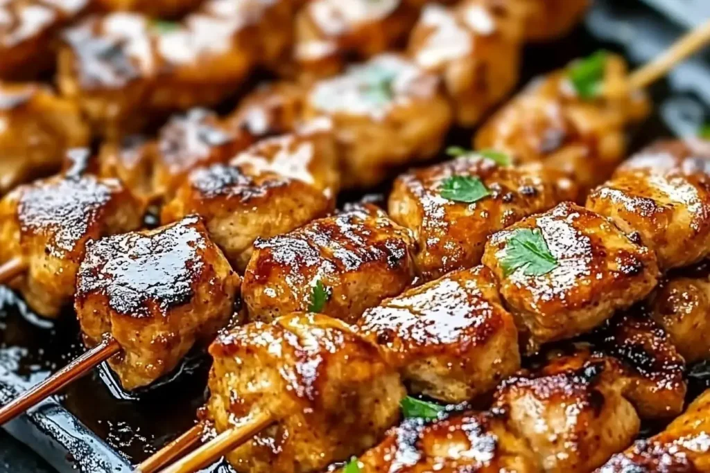 Grilled Chicken Satay with Thai Peanut Sauce skewers glistening with caramelized marinade and garnished with fresh herbs.
