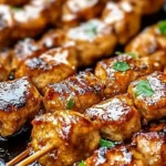 Grilled Chicken Satay with Thai Peanut Sauce skewers glistening with caramelized marinade and garnished with fresh herbs.