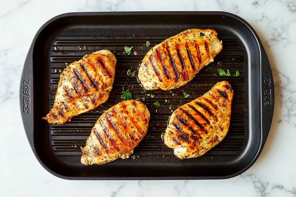 Grilled Greek marinated chicken breasts with char marks on a stovetop grill pan, garnished with fresh herbs.
