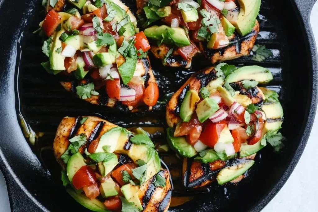 Grilled California Avocado Chicken topped with avocado, tomato, red onion, and cilantro in a cast iron grill pan