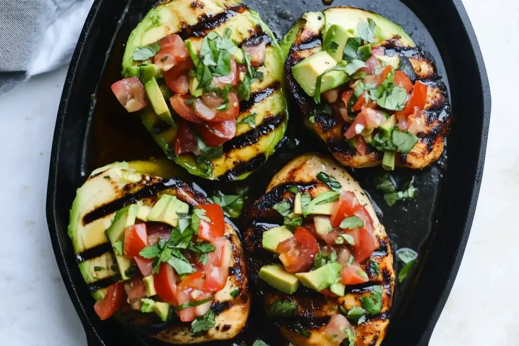 Grilled California Avocado Chicken topped with fresh avocado, tomatoes, and basil in a cast iron skillet
