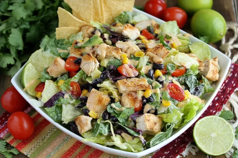 Tex-Mex Chopped Chicken Salad with grilled chicken, black beans, corn, cherry tomatoes, and tortilla chips in a white bowl