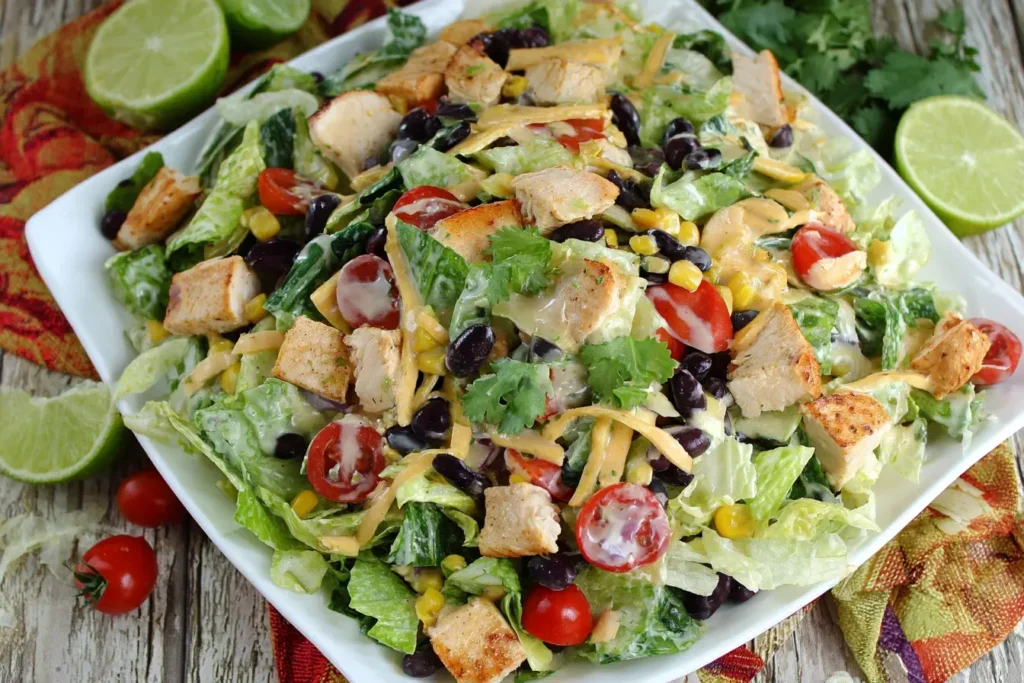 Tex-Mex Chopped Chicken Salad with grilled chicken, black beans, corn, cherry tomatoes, and creamy dressing on a white plate