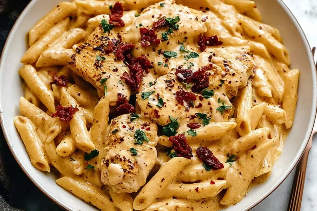 Creamy Best Marry Me Chicken Pasta with seared chicken, penne, sun-dried tomatoes, and fresh herbs in a parmesan garlic sauce.