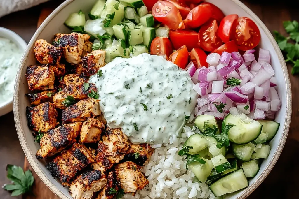 Healthy and Delicious Chicken Gyro Bowls with grilled chicken, rice, tzatziki sauce, fresh cucumber, cherry tomatoes, and red onion.