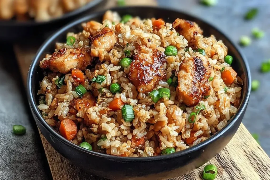 A black bowl filled with Crispy Garlic Chicken Fried Rice, featuring golden chicken pieces, peas, carrots, and green onions.