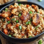 A black bowl filled with Crispy Garlic Chicken Fried Rice, featuring golden chicken pieces, peas, carrots, and green onions.
