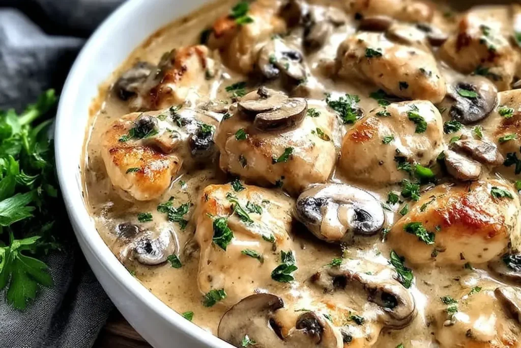 Creamy Baked Chicken Stroganoff with mushrooms and parsley in a white serving dish.