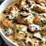 Creamy Baked Chicken Stroganoff with mushrooms and parsley in a white serving dish.