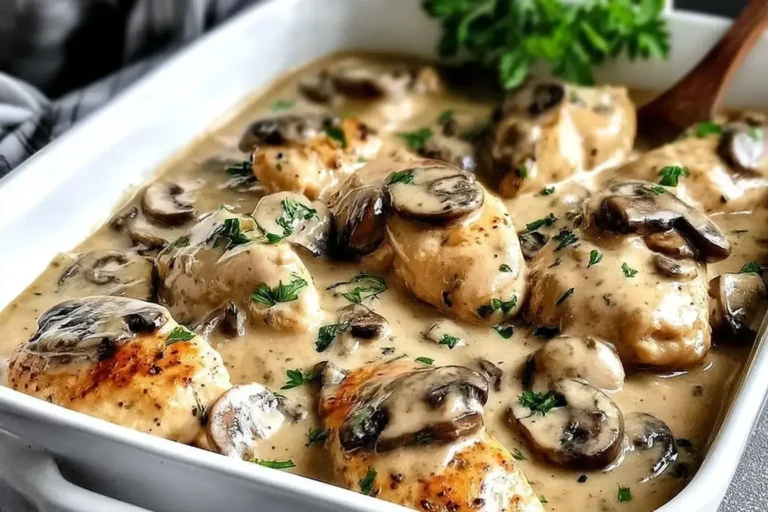 Baked Chicken Stroganoff in a white casserole dish with mushrooms and creamy sauce.