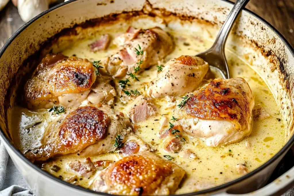 Creamy French Chicken Casserole with crispy golden skin, bacon, and thyme in a rustic cast iron pot.