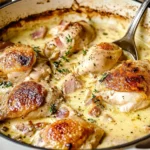 Creamy French Chicken Casserole with crispy golden skin, bacon, and thyme in a rustic cast iron pot.