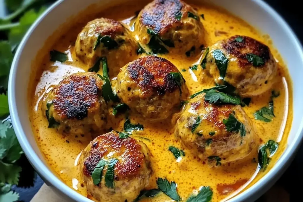 Golden chicken meatballs in coconut curry sauce, garnished with fresh cilantro, served in a white bowl.