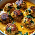 Golden chicken meatballs in coconut curry sauce, garnished with fresh cilantro, served in a white bowl.