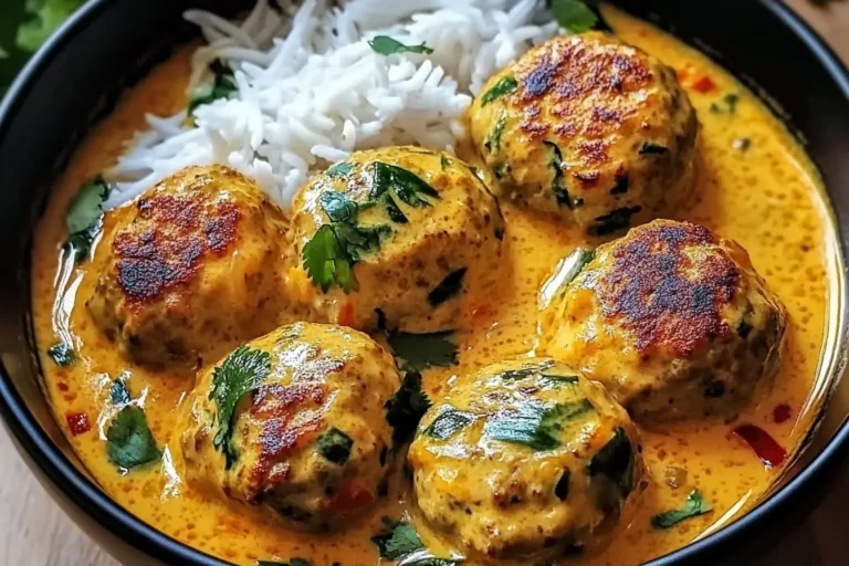 Chicken meatballs in coconut curry served with jasmine rice, topped with fresh herbs in a black bowl.