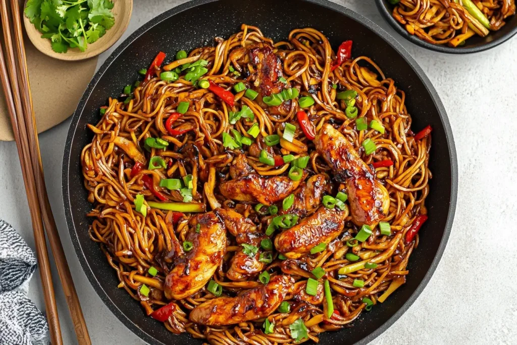 Stir-fried Hoisin Chicken with Noodles, red bell peppers, and green onions in a black skillet.