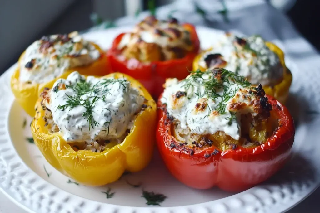 Greek stuffed pepper with tzatziki topped with fresh dill on a white plate.