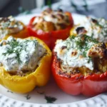 Greek stuffed pepper with tzatziki topped with fresh dill on a white plate.