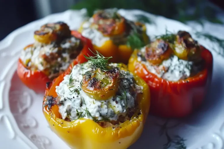 Baked Greek stuffed pepper with tzatziki and grilled pepper tops, garnished with fresh dill.
