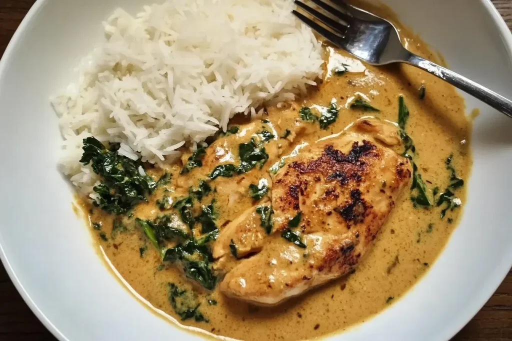 Chicken with Coconut Kale served with fluffy white rice in a creamy coconut curry sauce.