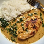 Chicken with Coconut Kale served with fluffy white rice in a creamy coconut curry sauce.