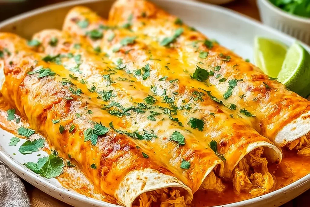 Close-up of High Protein Creamy Chilli Chicken Enchiladas topped with melted cheese and garnished with fresh cilantro.